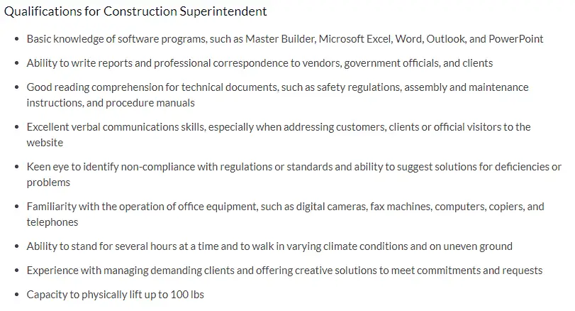 qualifications are required for construction superintendent