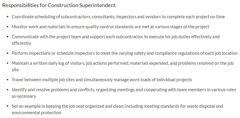 responsibilities required for the construction superintendent